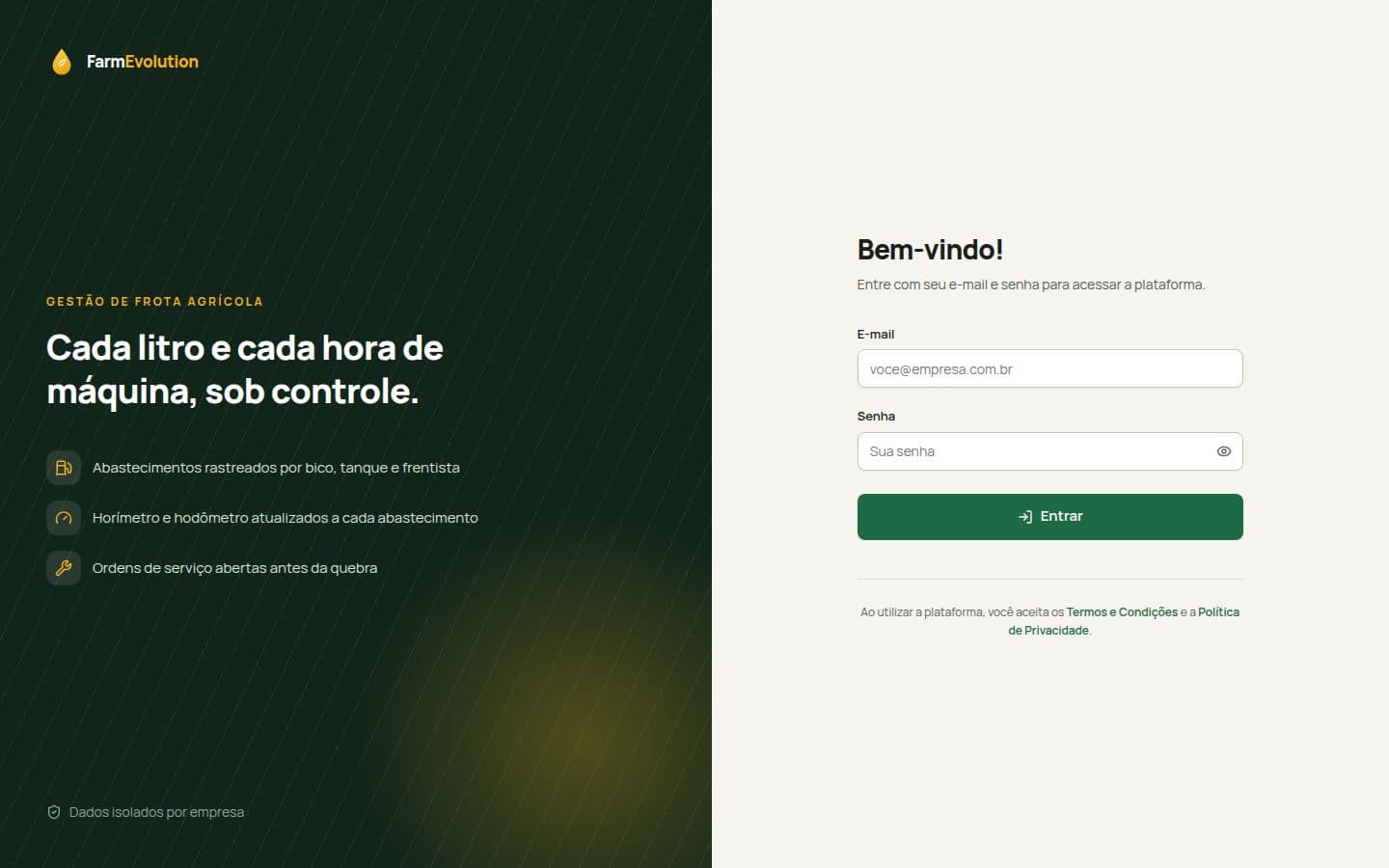 Tela de login do FarmEvolution com formulário de e-mail e senha