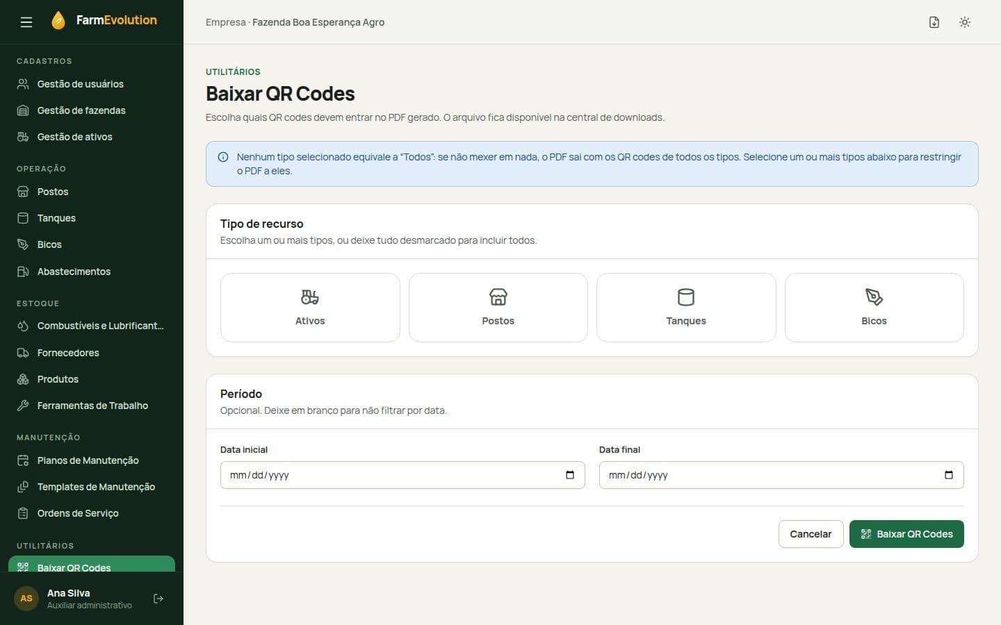 Tela de geração de QR Codes filtrando por tipo de recurso e período
