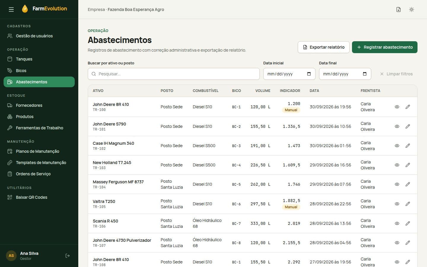 Tela de abastecimentos com ativo, posto, bico, volume e indicador
